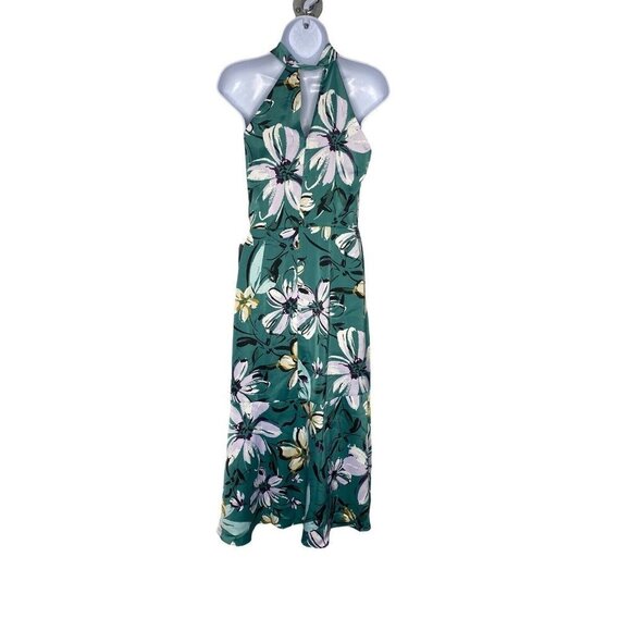 MAGGY LONDON Woman’s CAROLINA HALTER DRESS FLORAL MIDI CHARMEUSE GREEN SZ 2 - Picture 6 of 9